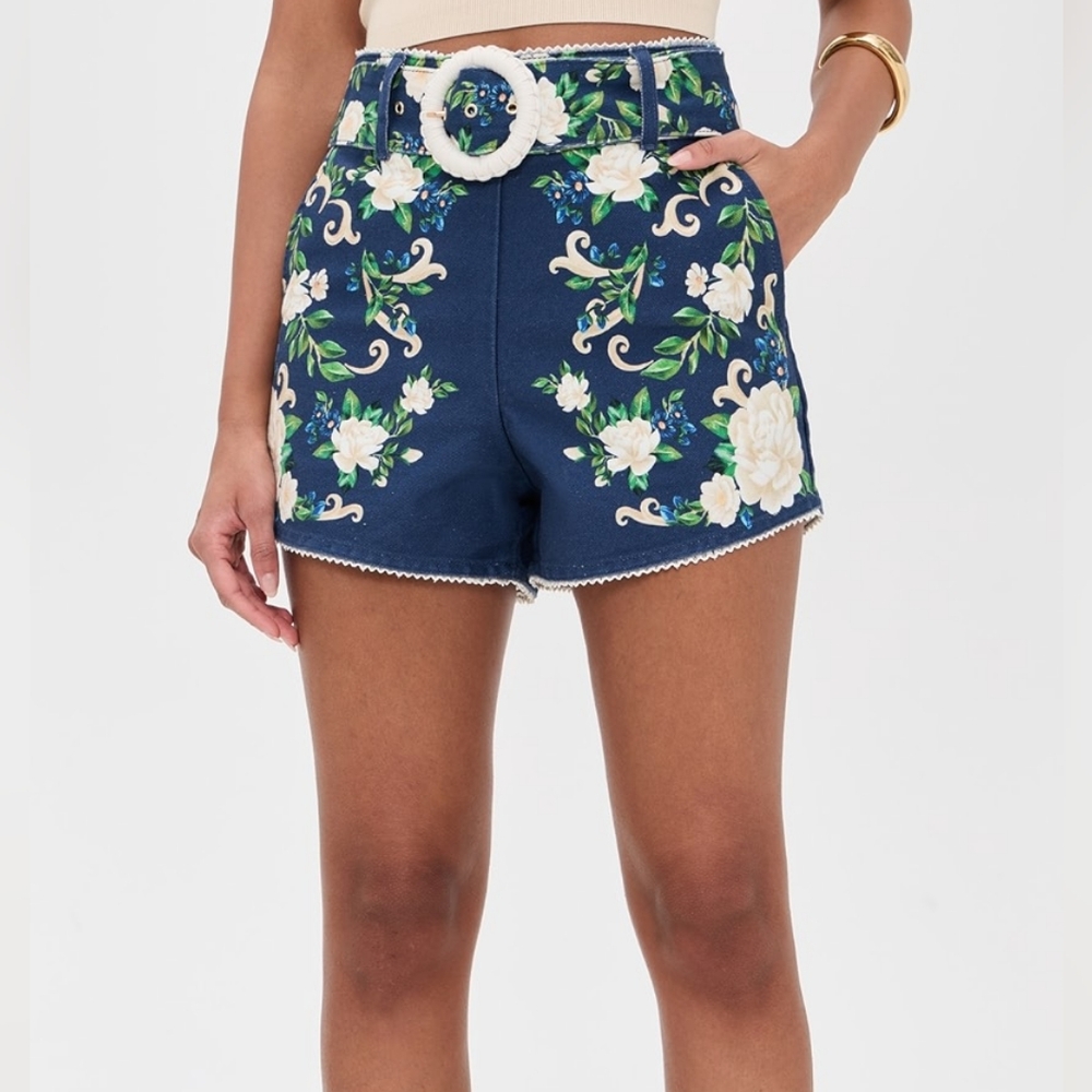 Farm Rio Navy Flower Tapestry Shorts with Belt, size 27, NWT
